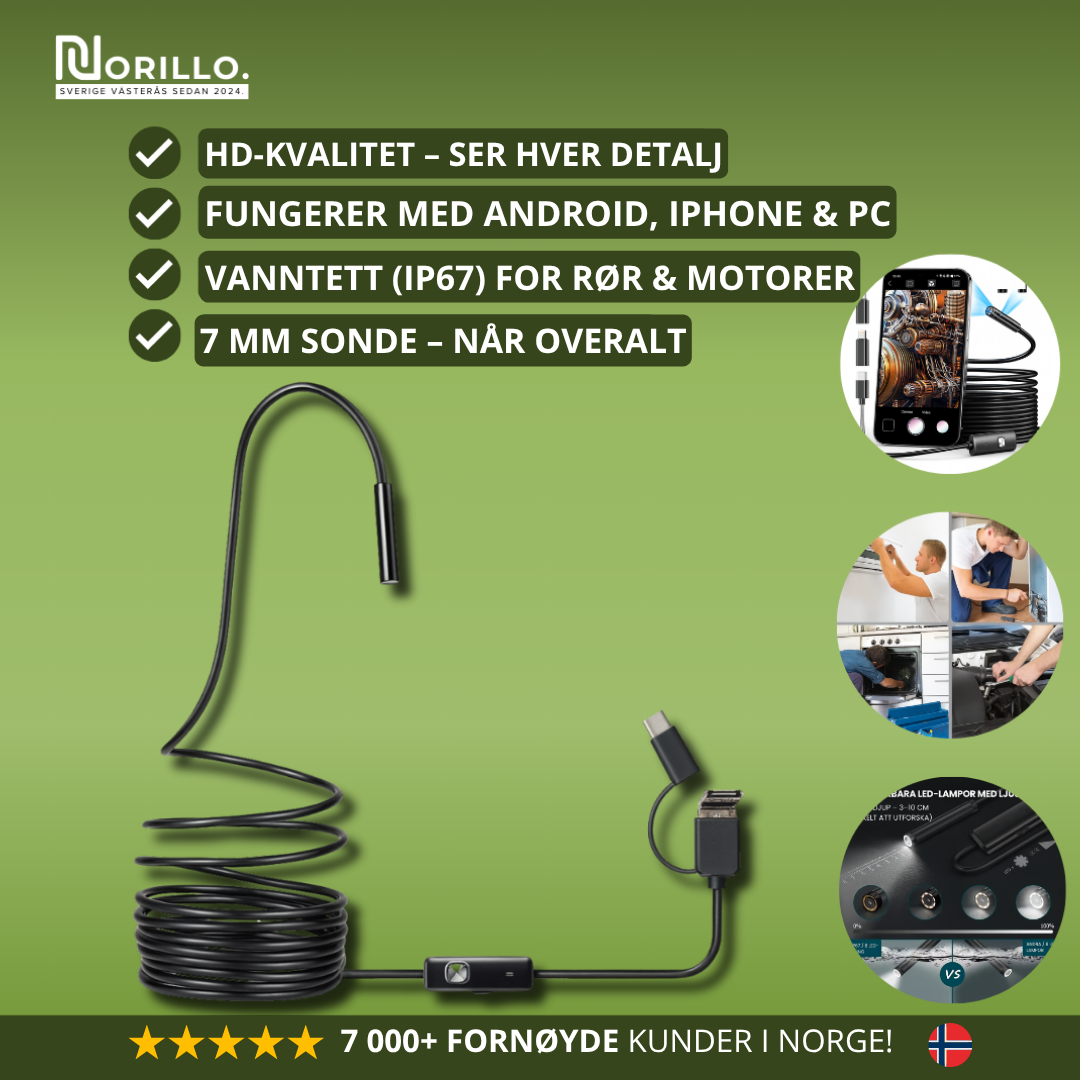Norillo™ – Fleksibelt HD-endoskopkamera med 6 justerbare LED-lys