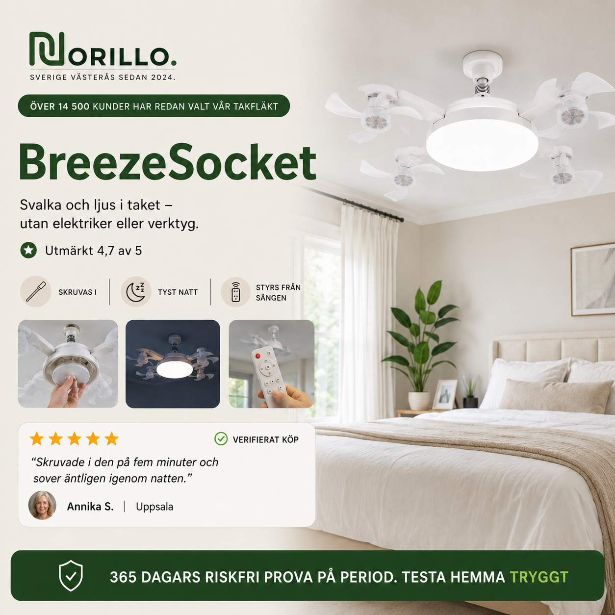 Norillo® – BreezeSocket – Takvifte med lampe som skrus i på minutter