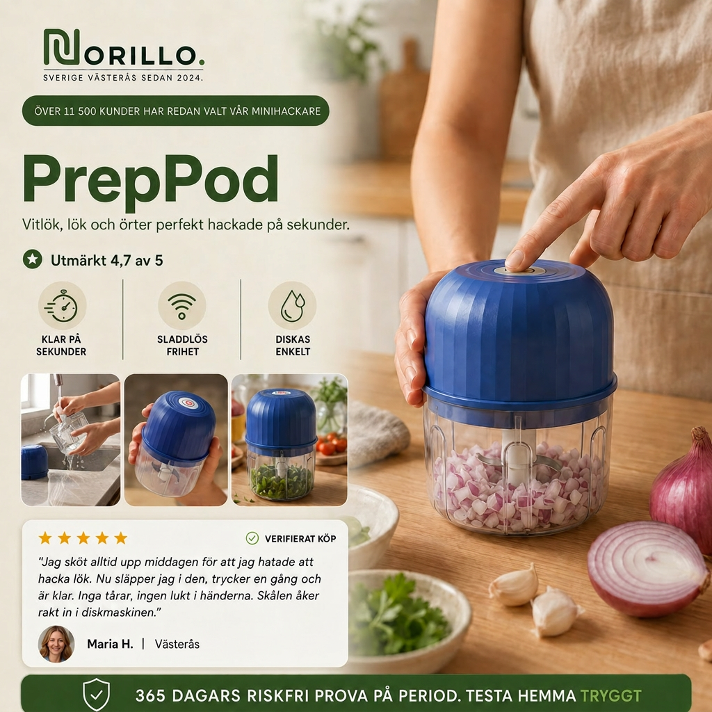Norillo® – PrepPod – Trådløs minihakker for hvitløk, løk og urter på sekunder