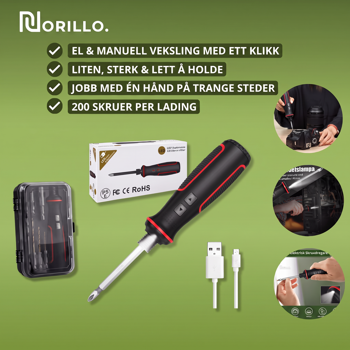 Norillo elektrisk skrutrekker med koffert, ladekabel og nøkkelfunksjoner