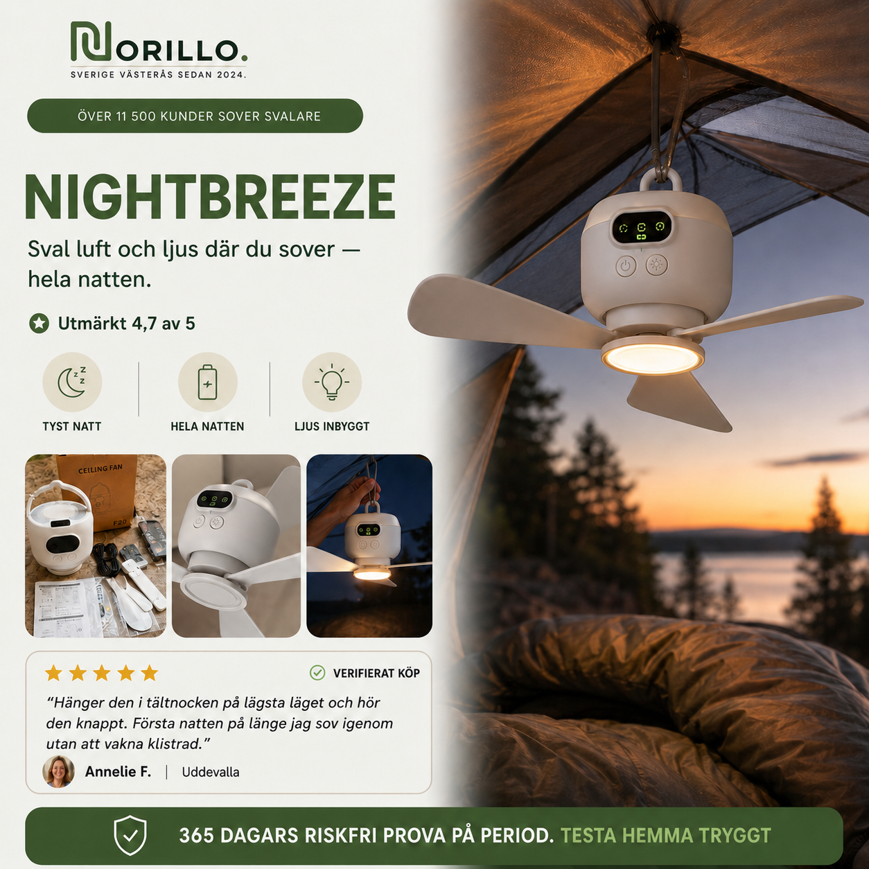 Norillo® – NightBreeze – Stille vifte og lampe for svale netter i teltet