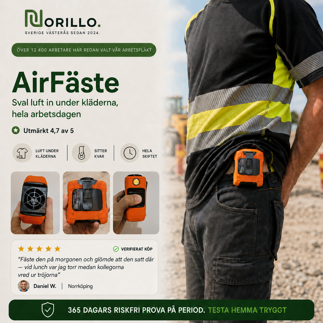 Norillo® – AirFeste – Bærbar arbeidsvifte som holder deg sval hele skiftet