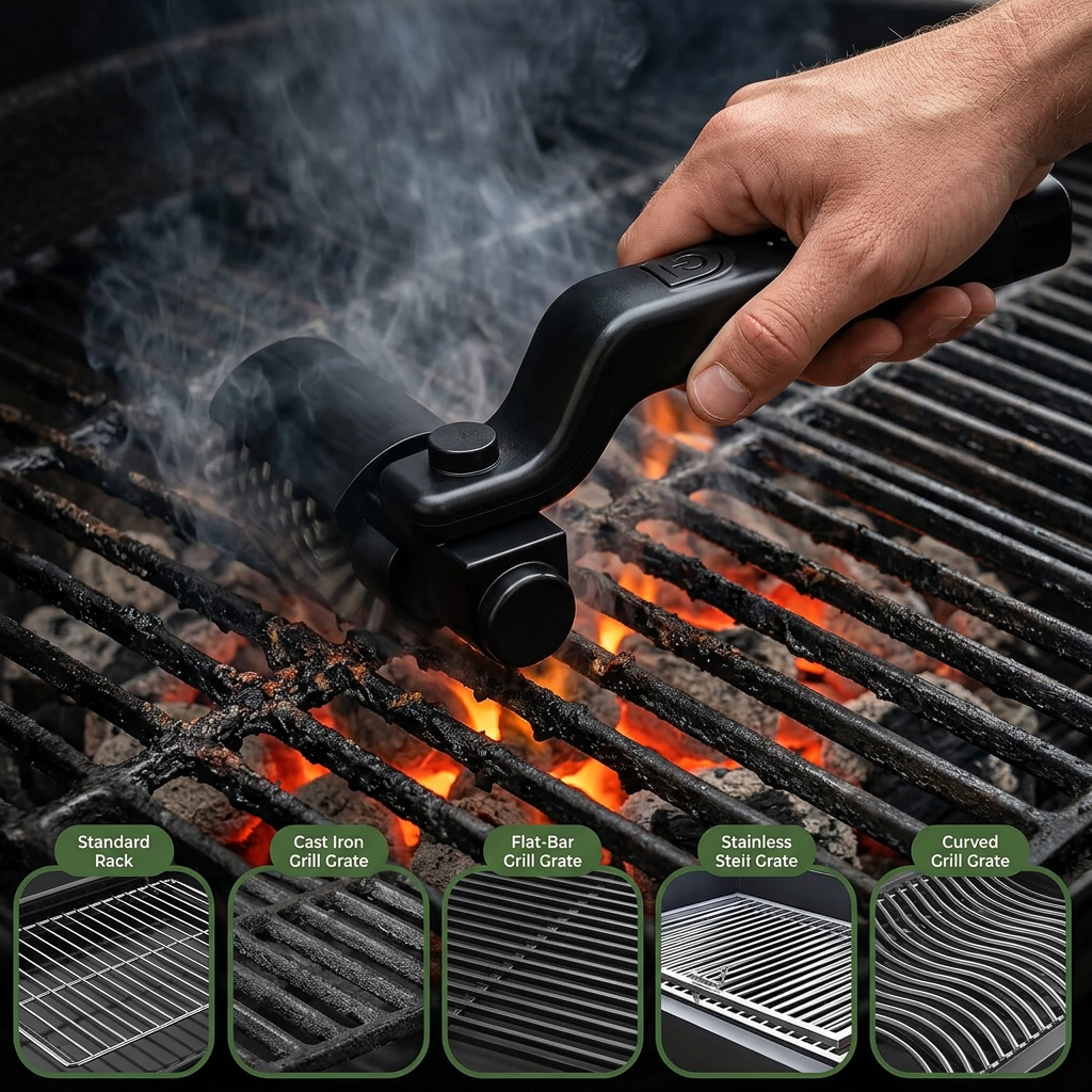 GrillFix grillbørste holdt i hånden ved grillen
