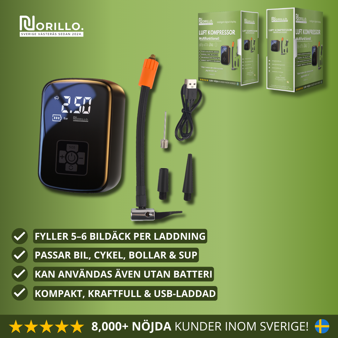 Norillo™ – Sterk og bærbar luftpumpe for bil, motorsykkel og sport
