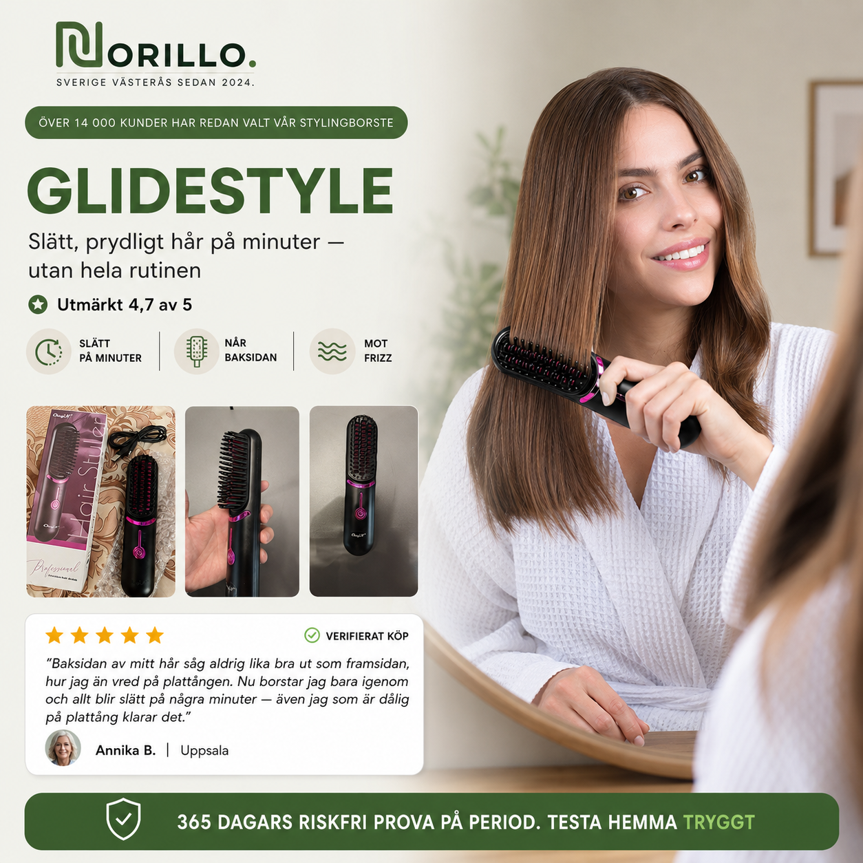 Norillo® – GlideStyle – Trådløs varmebørste for glatt hår på minutter