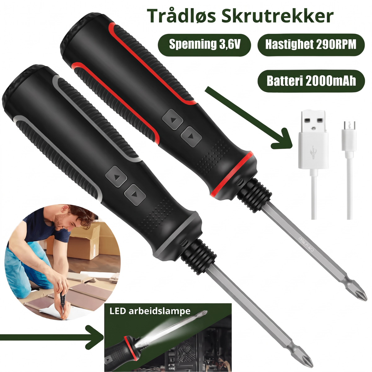 Trådløs Norillo skrutrekker med spenning, hastighet, batteri og LED arbeidslampe